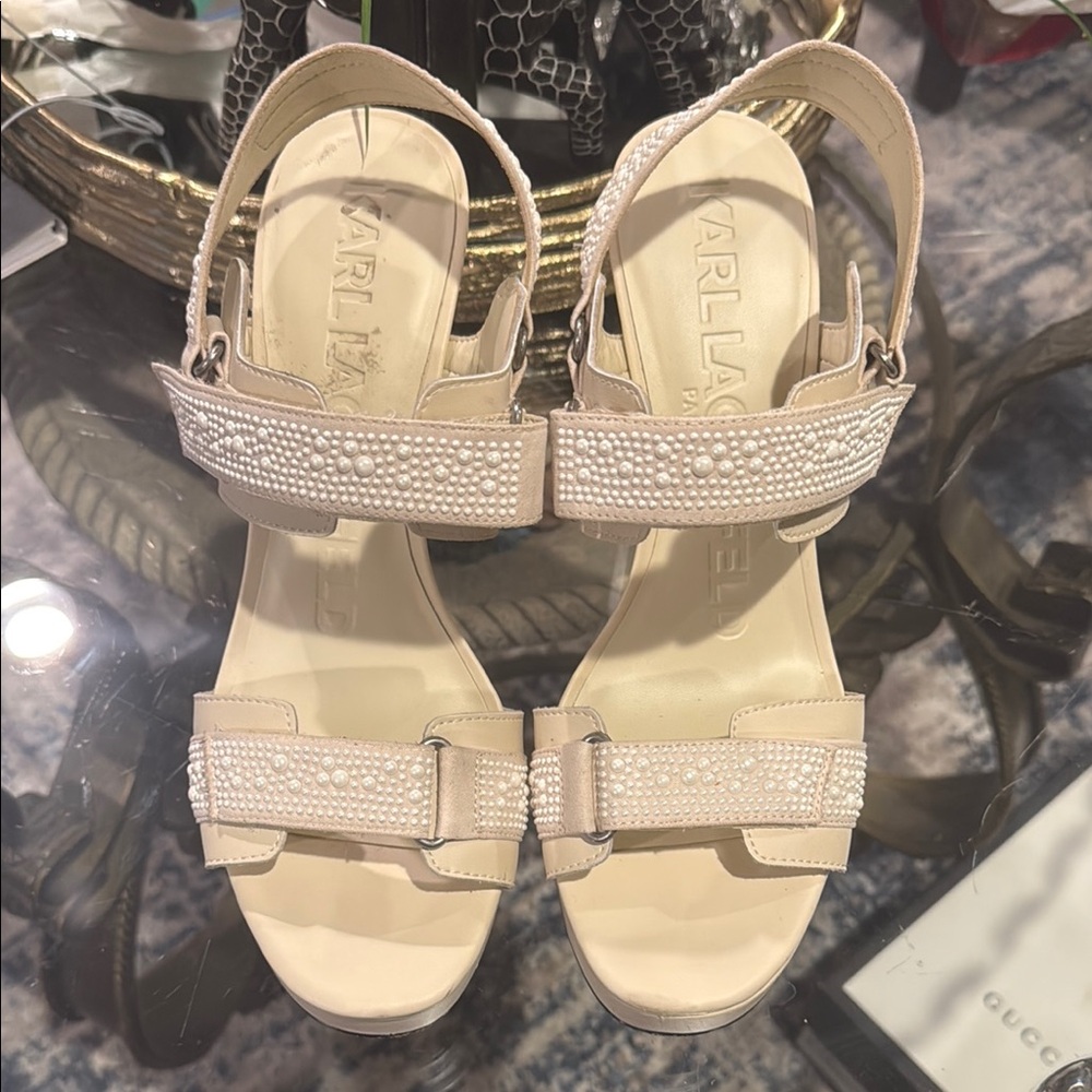 Karl Lagerfeld Cream Sandals with Slingback and Glitter Straps
